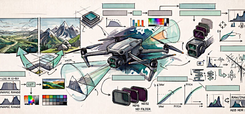 Handgezeichnete technische Skizze zur DJI Air 3 Konfiguration, die das Dual-Kamerasystem, D-Log M, ND-Filter und Gimbal-Einstellungen für Fotografie und Video zeigt.