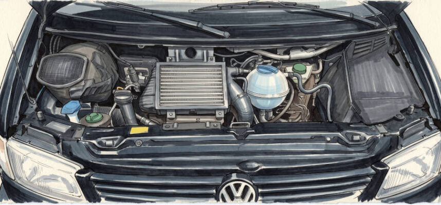 Geöffnete Motorhaube eines schwarzen VW T4. Die Illustration im Copic-Marker-Stil zeigt den detaillierten Motorraum des 2.5 TDI mit Top-Mount-Ladeluftkühler und Flüssigkeitsbehältern.